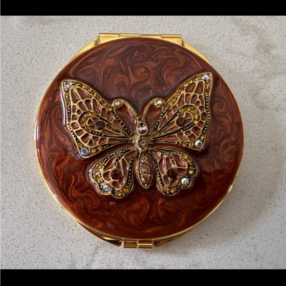 Vintage Spring Street Brown Enamel & Rhinestone Butterfly Compact Mirror